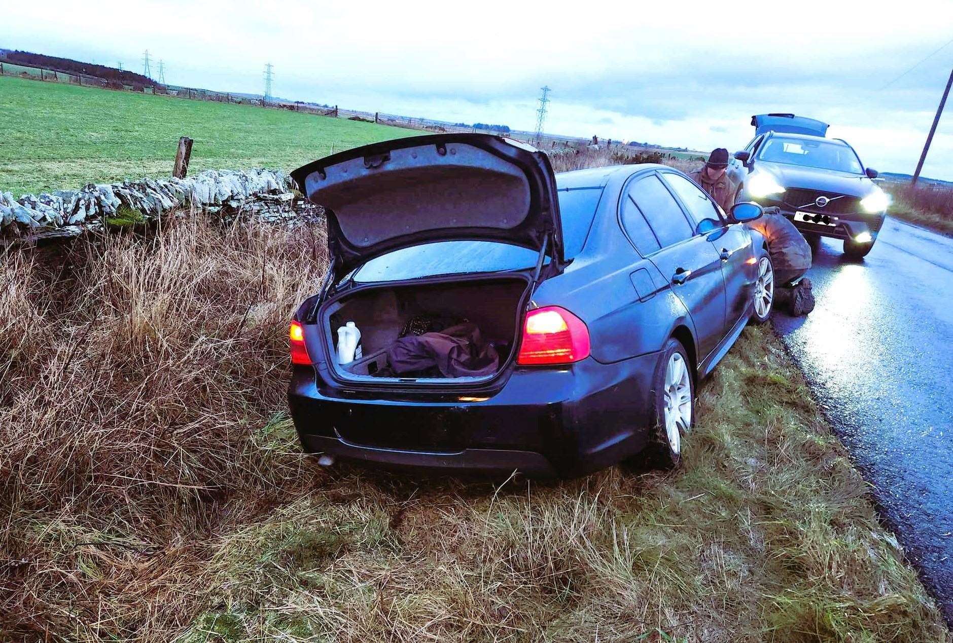 A car in a ditch on the Glengolly road on Tuesday. Picture: Colin Clugston