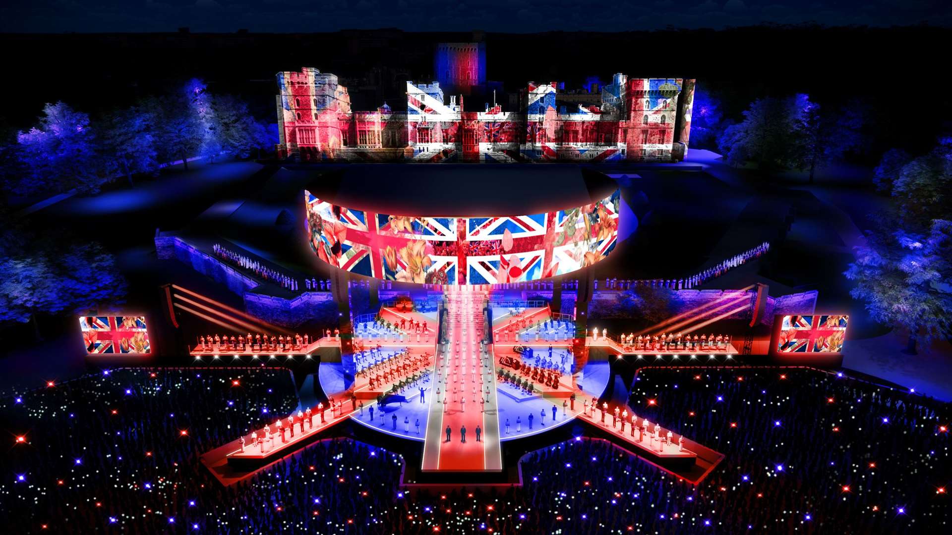 Rendered images of the staging for the Coronation Concert (BBC Studios/PA)