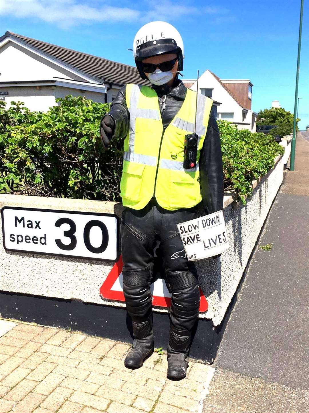 Looking the part in bike leathers is this Papigoe traffic police scarecrow created by Denny Swanson.