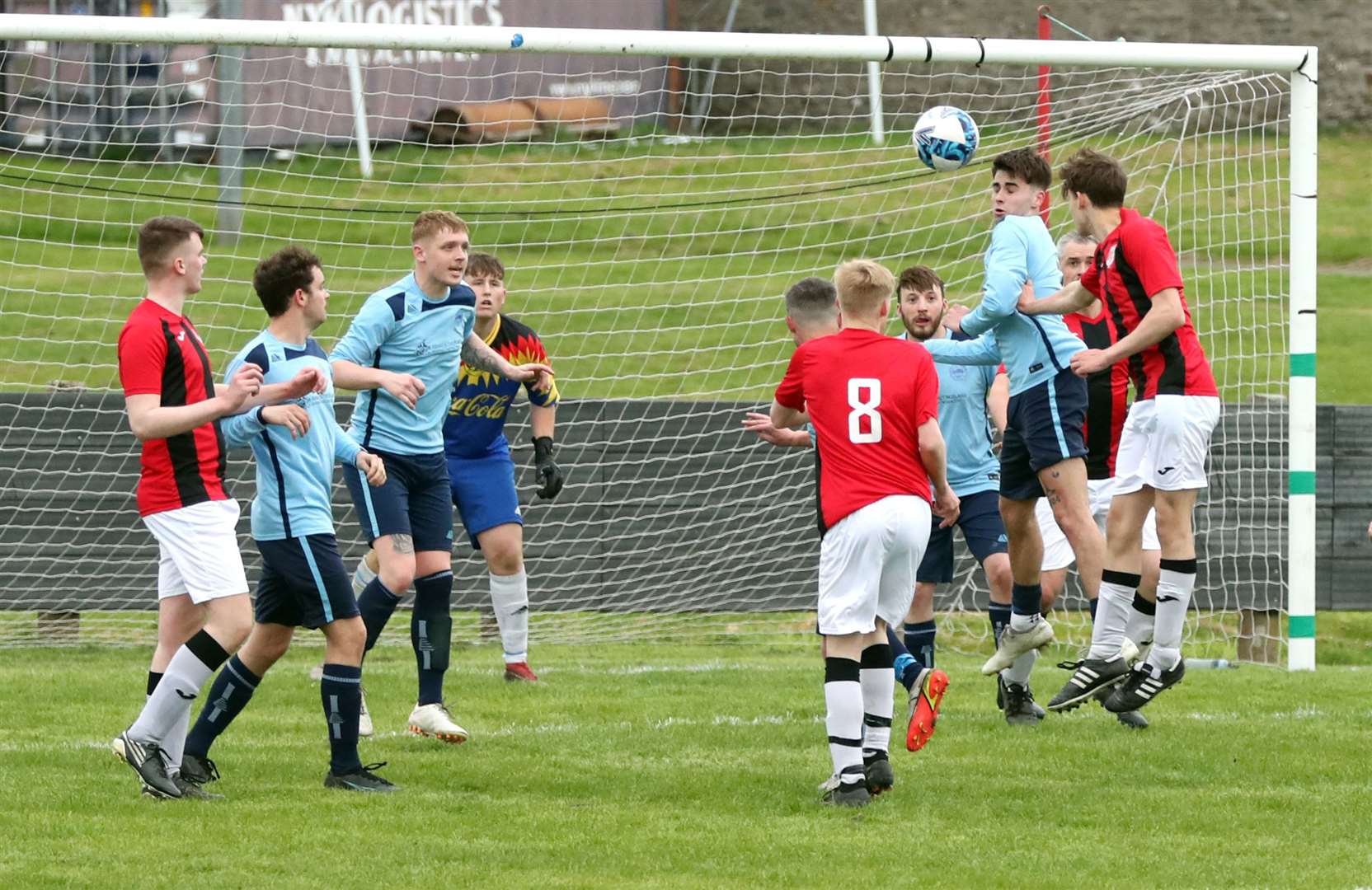 Swifts' Robbie Boyd directs header towards the Golspie Stafford goal but it was cleared. Picture: James Gunn