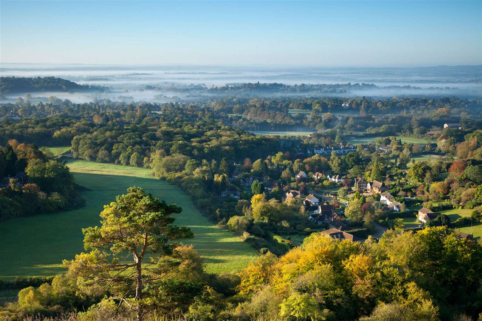 CFMCX9 View south from Colley Hill on a misty autumn morning, Reigate, Surrey Hills, Surrey, England, United Kingdom, Europe