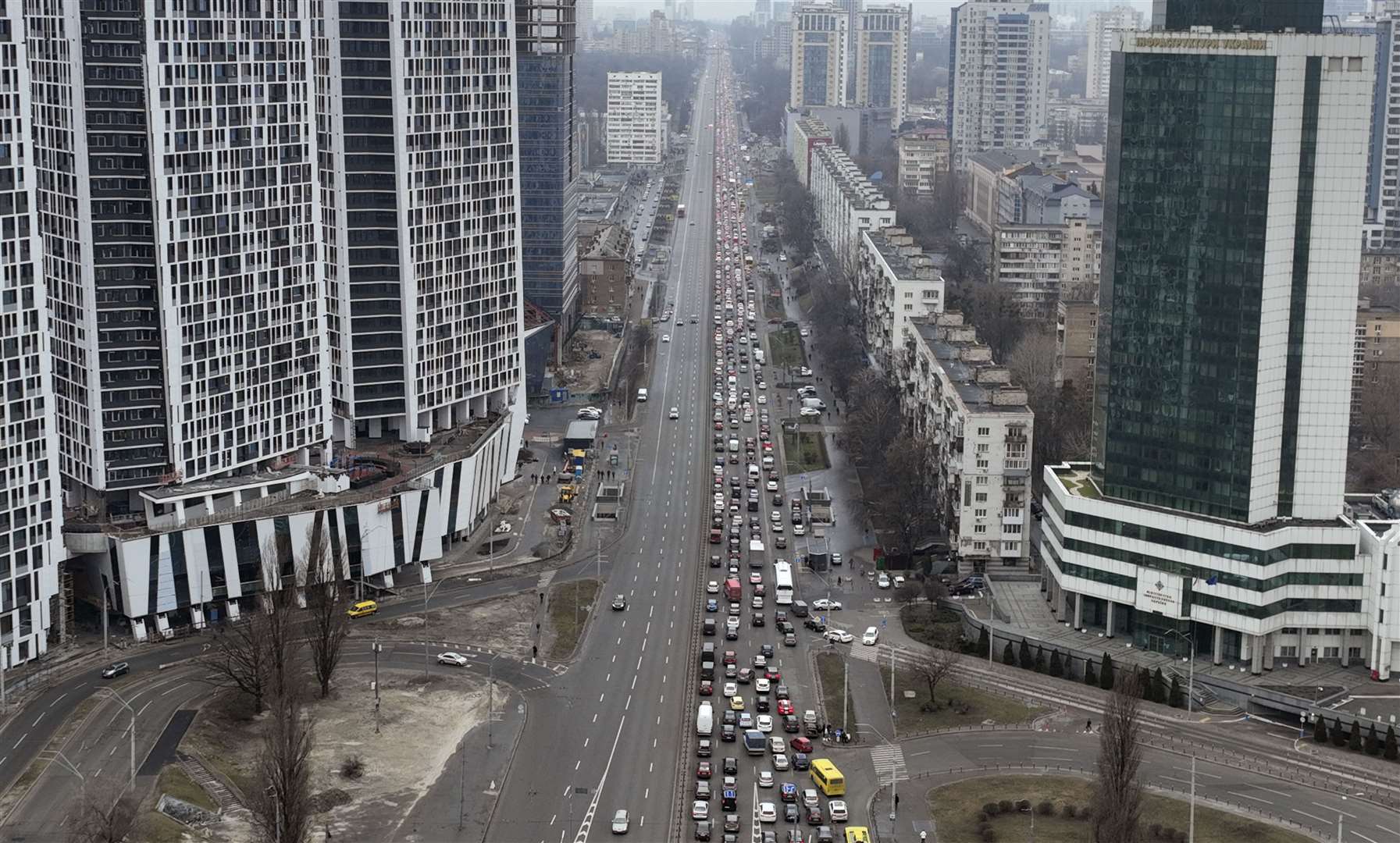Traffic jams formed as people fled Kyiv after Russian President Vladimir Putin announced a military operation in Ukraine (Emilio Morenatti/AP)