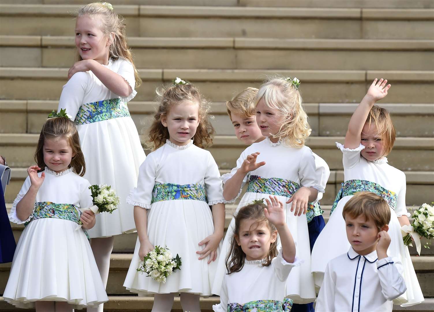 Bridesmaids and pageboys including five of the Queen’s great-grandchildren – Princess Charlotte, Savannah Phillips (second left), Prince George, Isla Phillips (second right) and Mia Tindall (far right) (Toby Melville/PA)