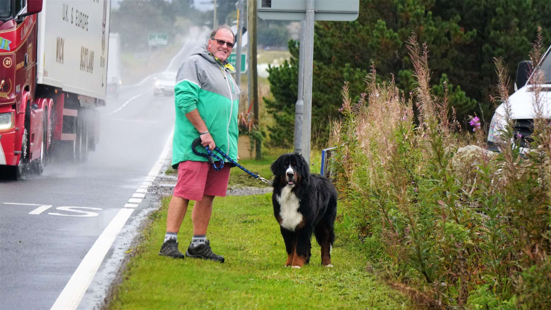 Eddie Rowan walks his dog, Medard, along a grass verge by the A9 at Spittal. He says there should be warning signs to tell motorists of pedestrians. Picture: DGS