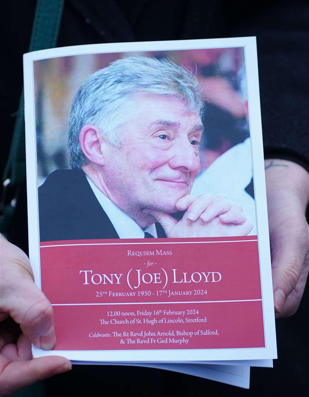 The order of service for the requiem mass for former Rochdale MP Sir Tony Lloyd, at St Hugh Of Lincoln RC Church in Stretford, Greater Manchester(Peter Byrne/PA)