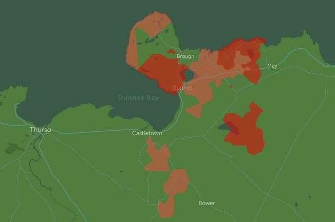 Powercut map showing affected area around Castletown, Dunnet and Mey. Source: SSEN