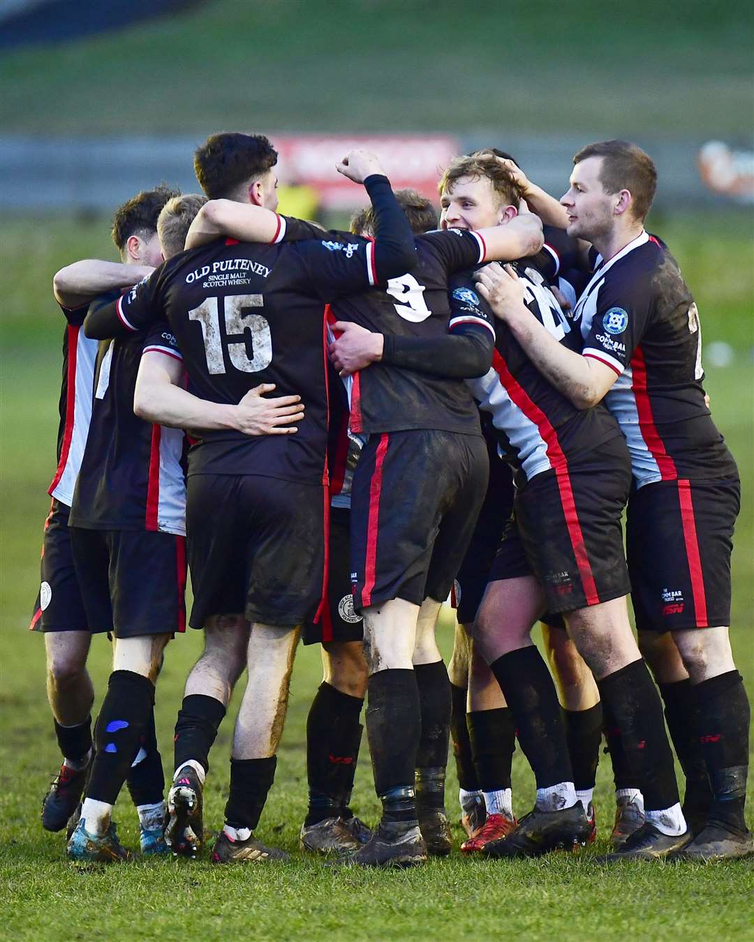Wick Academy players celebrate Mark Macadie's goal that rounded off the 3-1 victory over Formartine United. Picture: Mel Roger