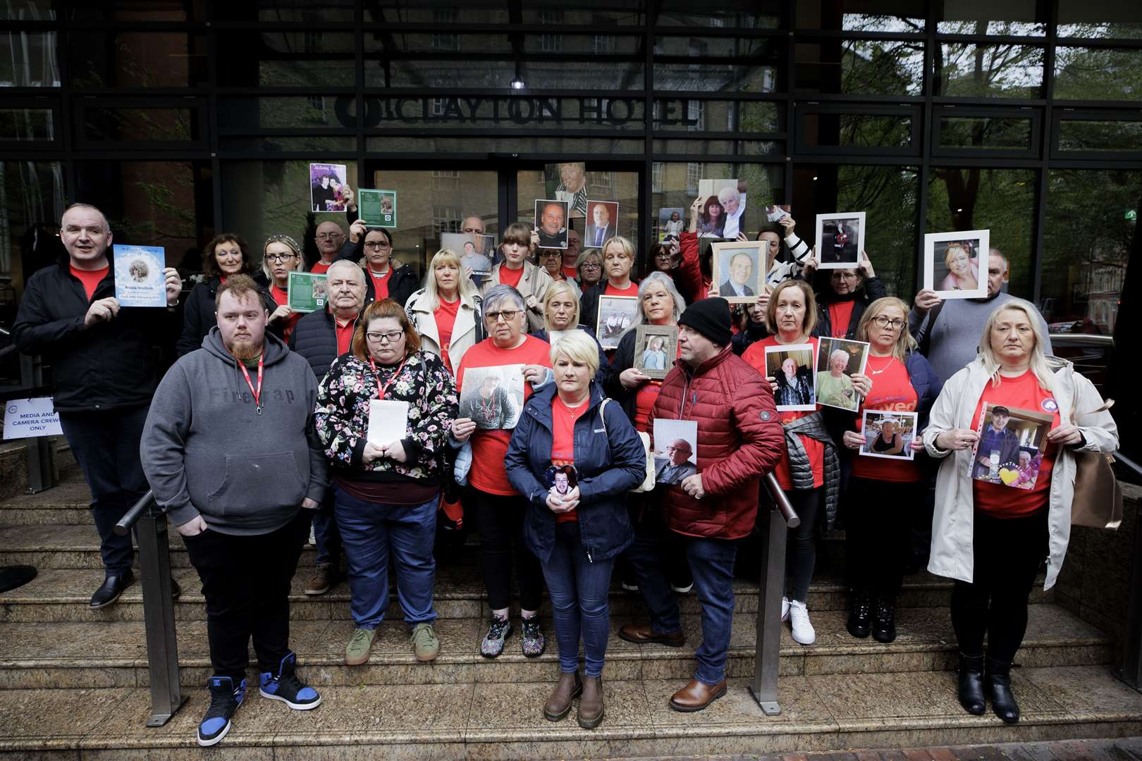 Members of the Northern Ireland Covid-19 Bereaved Families for Justice group held a public gathering to coincide with the first day of the Belfast sittings (Liam McBurney/PA)