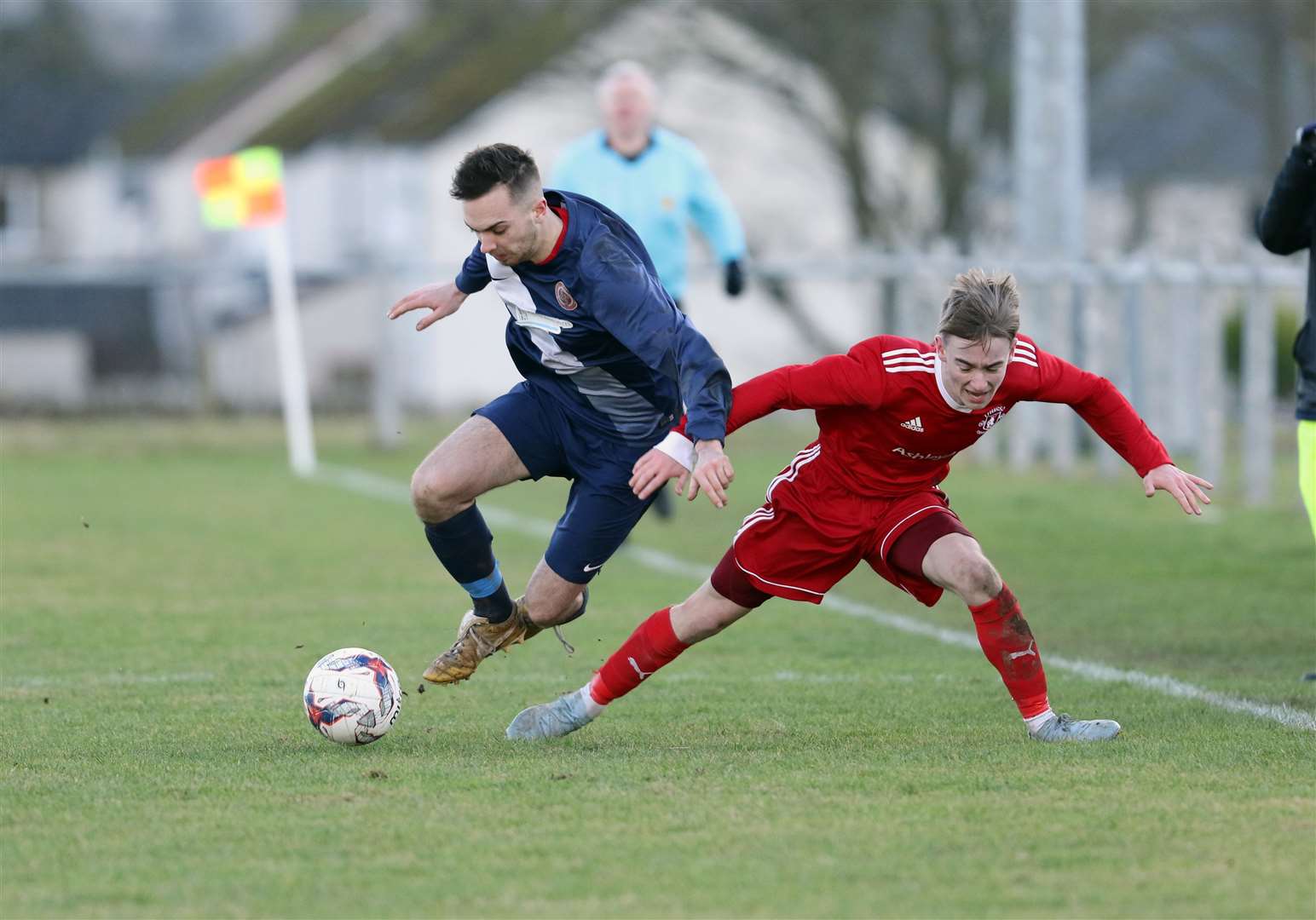 Ian Ross (Halkirk United) tussles with Cameron Montgomery (Thurso) during a 1-1 draw in January. The two Caithness clubs are in Division One of the new two-tier North Caledonian League. Picture: James Gunn