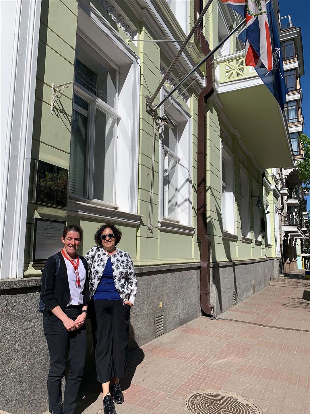 Kate Davenport and Melinda Simmons outside the British embassy in Kyiv (Foreign, Commonwealth & Development Office/PA)