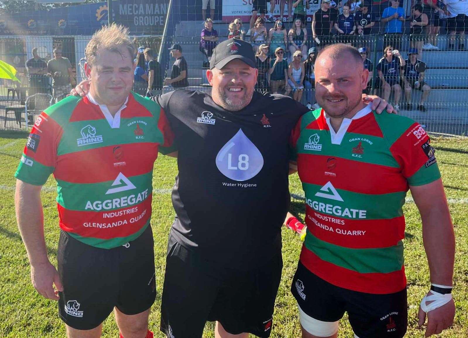 Hamish Coghill, Tommy Sutherland and Stevie Campbell before Oban's first game at the Mondial Rugby Amateur against a South African team.