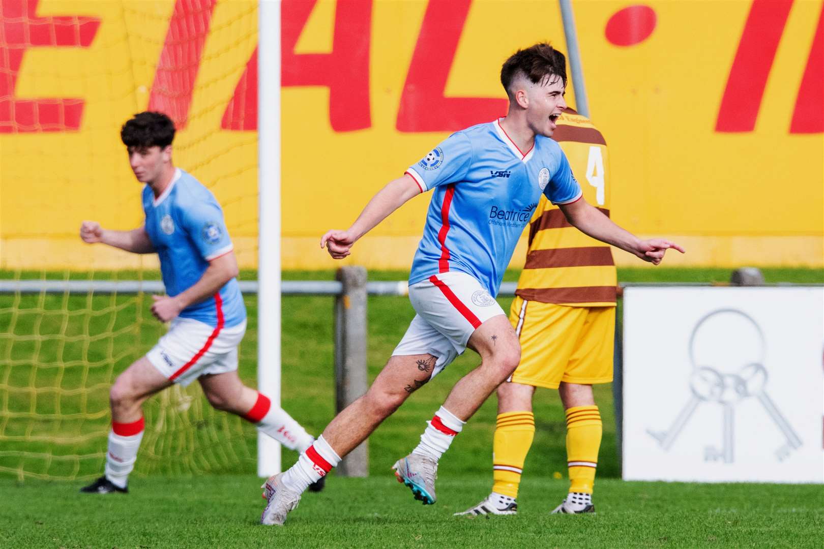 Wick Academy's Gary Pullen celebrates his second goal of the afternoon at Mosset Park. Picture: Daniel Forsyth