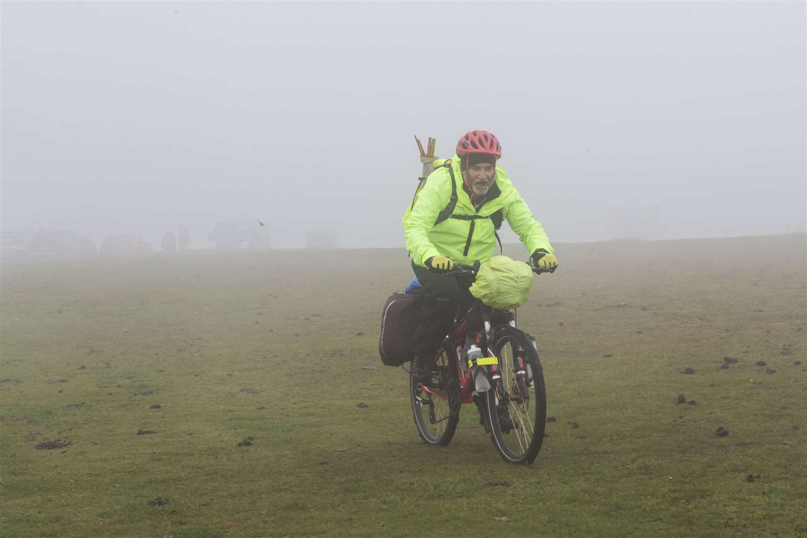 After 24 days in the saddle Peter Wright nears journeys end at a fog shrouded Duncansby Head. Picture: Robert MacDonald/Northern Studios
