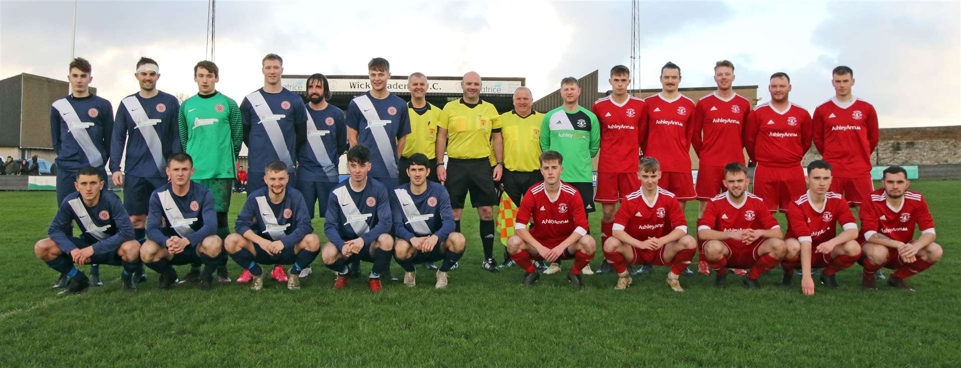 Halkirk United and Thurso line up with the match officials before the Football Times Cup final at Wick. Picture: James Gunn