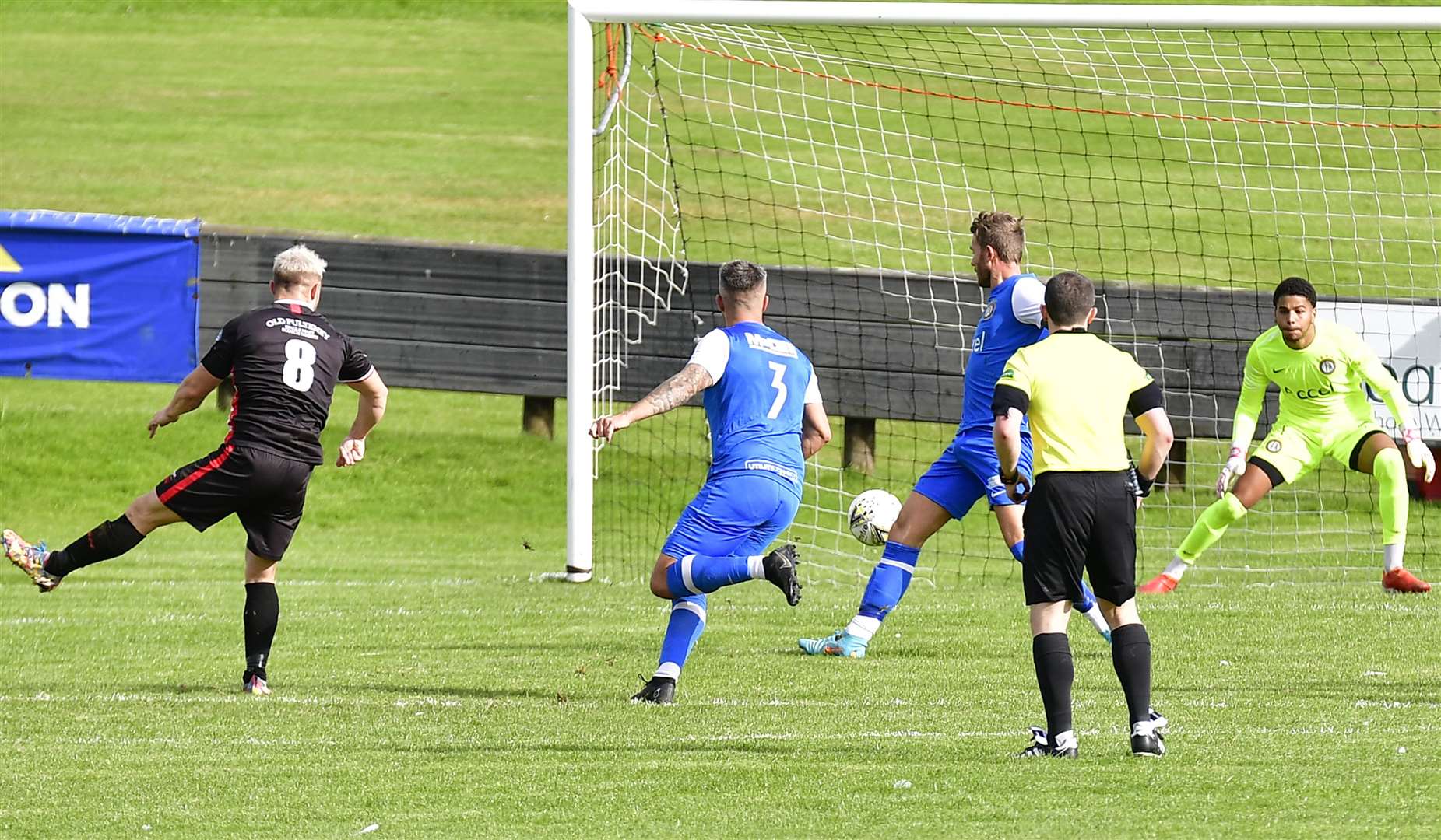 Jack Halliday fires the ball past Lochee keeper Mitchel Da Costa Tristan to bring Wick level after they had gone a goal down. The Scorries went on to score five. Picture: Mel Roger