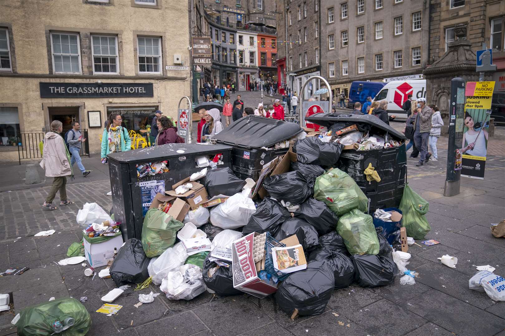 Bins and litter in the Grassmarket in Edinburgh city centre. (Jane Barlow/PA)