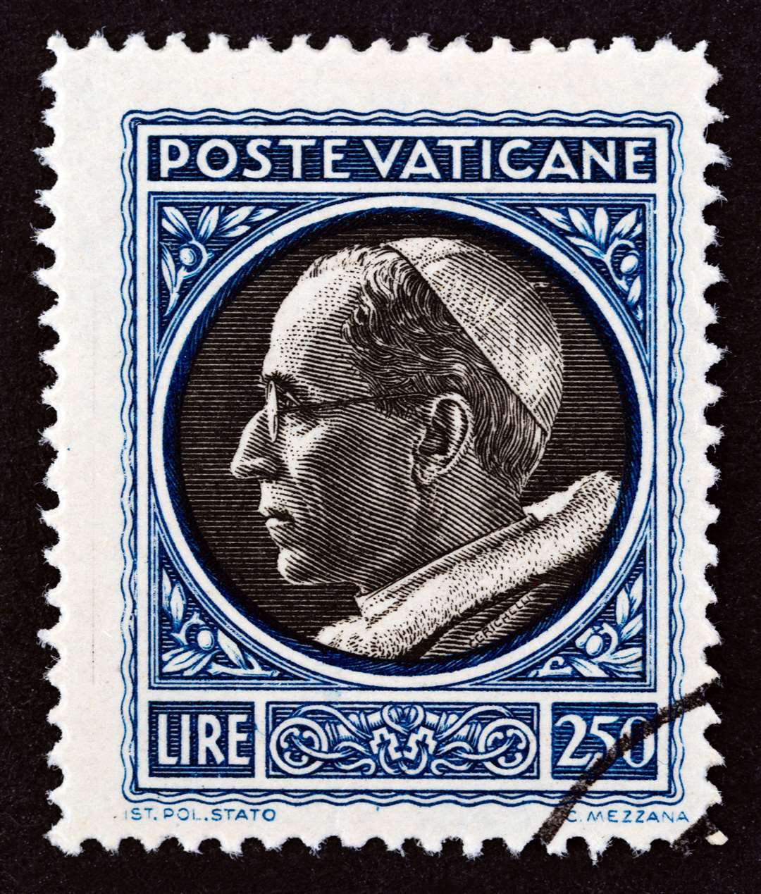 Pope Pius XII as featured in a Vatican City stamp from 1945. He visited the POW camp Bill Johns was held in and sent him a new accordion. Picture: Adobe Stock