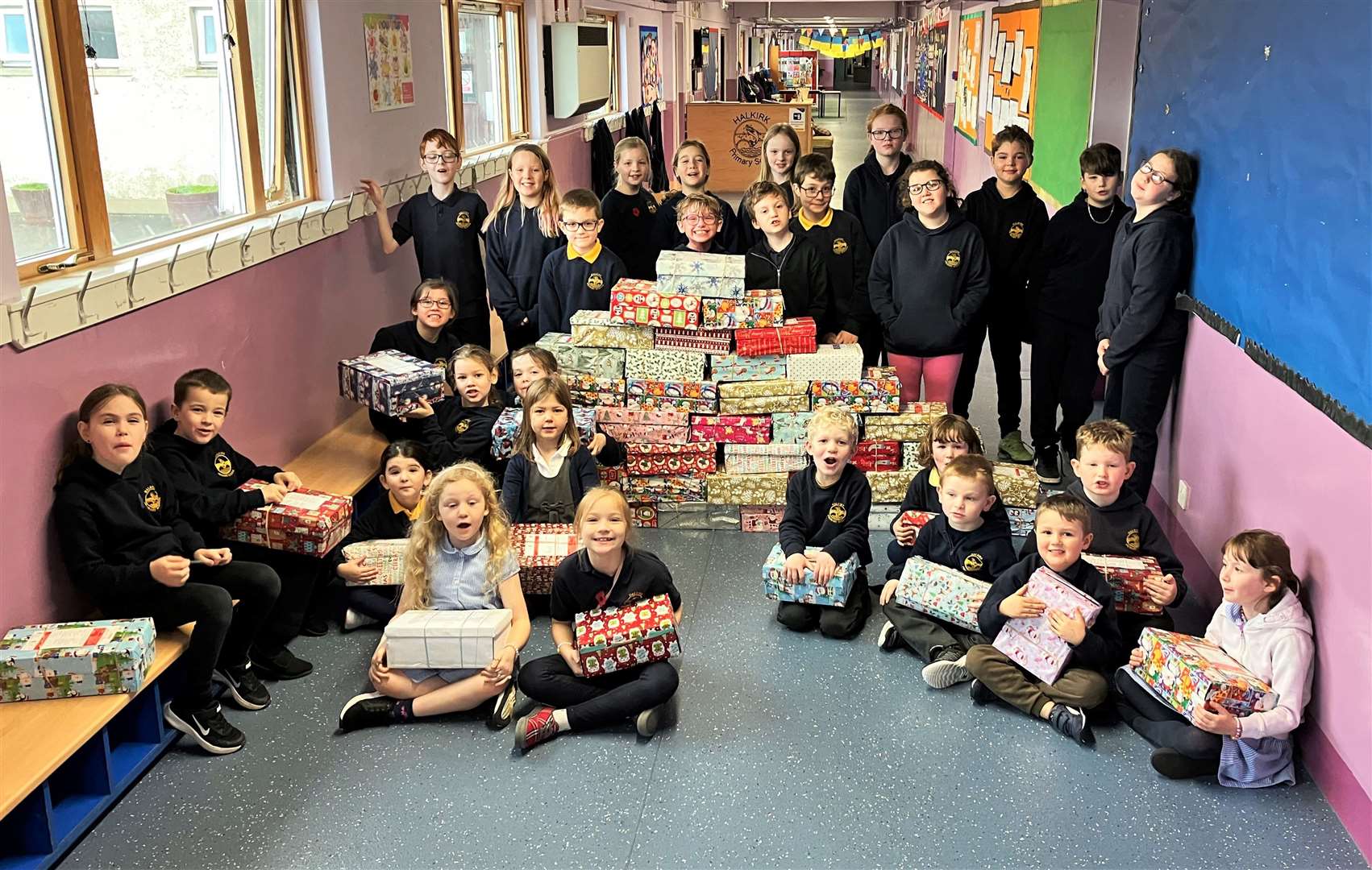 Halkirk kids with their Blythswood Shoebox Appeal boxes all ready to go.