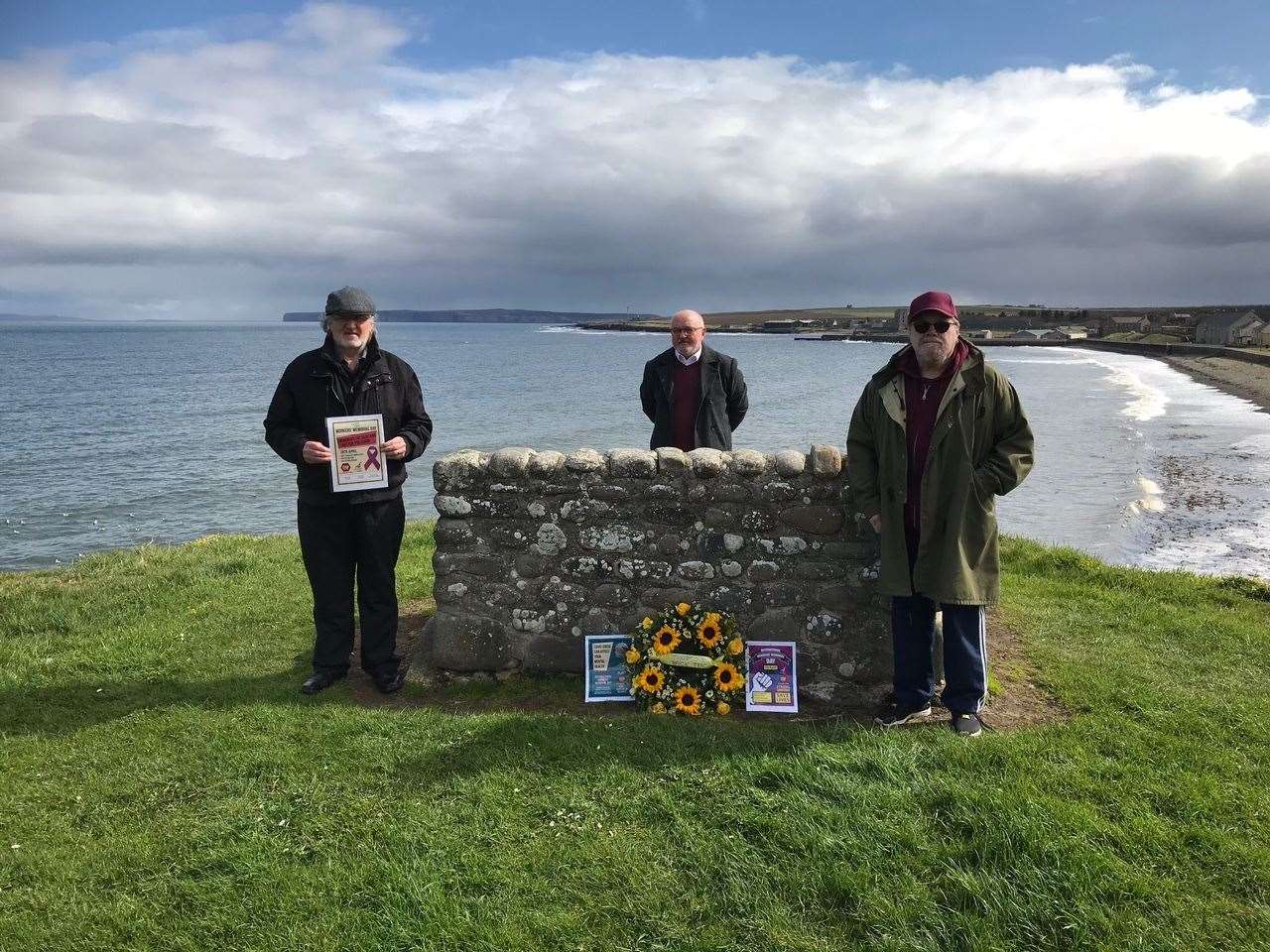 Attending the social distanced memorial to International Workers Memorial Day are (from left) TWTUC secretary John Deighan, chairman Davie Alexander and member James Higney.