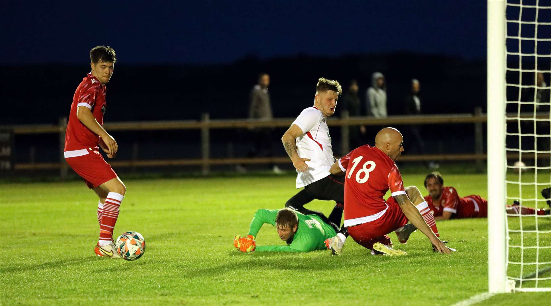 Halkirk United's Kuba Koziol just fails to connect with a delivery across the face of the goal during the derby in August which the Anglers won 2-0. Picture: James Gunn