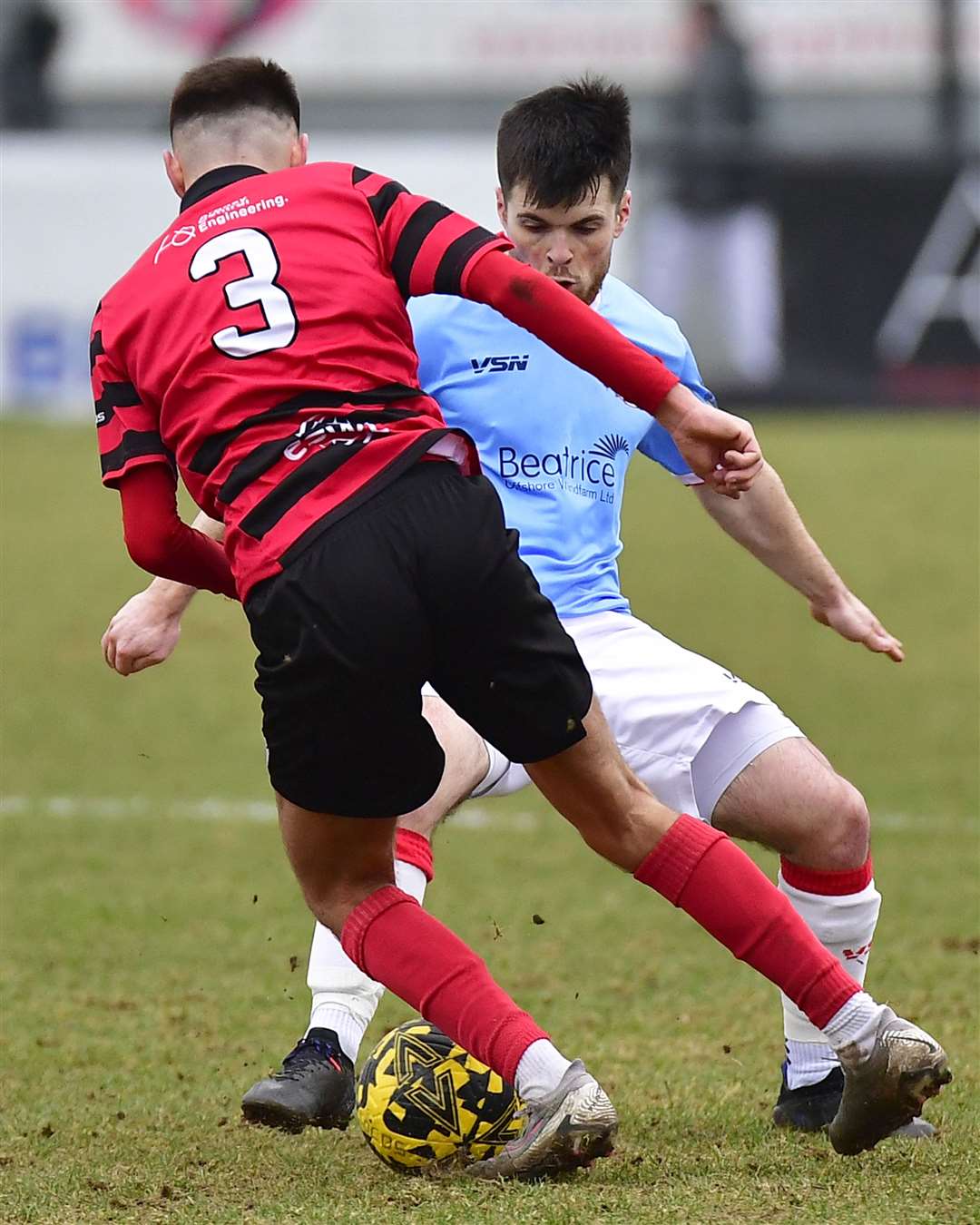Sean Campbell is confronted by Inverurie's Callum Duncan. Picture: Mel Roger