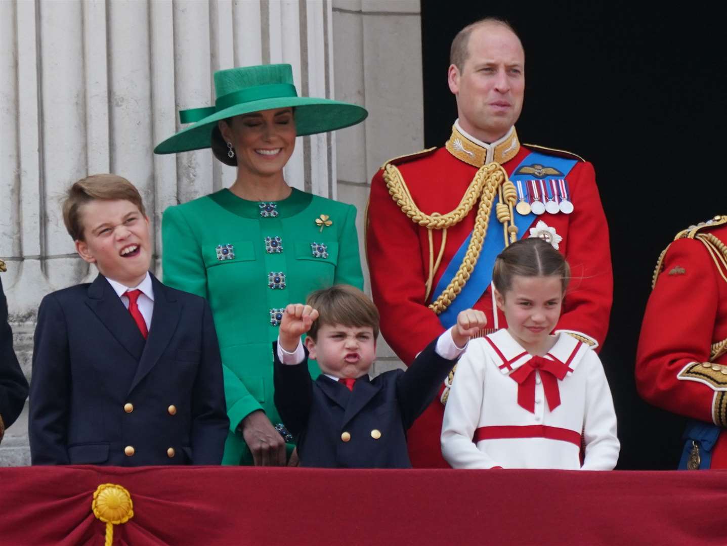 (left to right) Prince George, the Princess of Wales, Prince Louis, the Prince of Wales and Princess Charlotte appeared on the balcony of Buckingham Palace to view the flypast after the Trooping the Colour ceremony in June (Yui Mok/PA)
