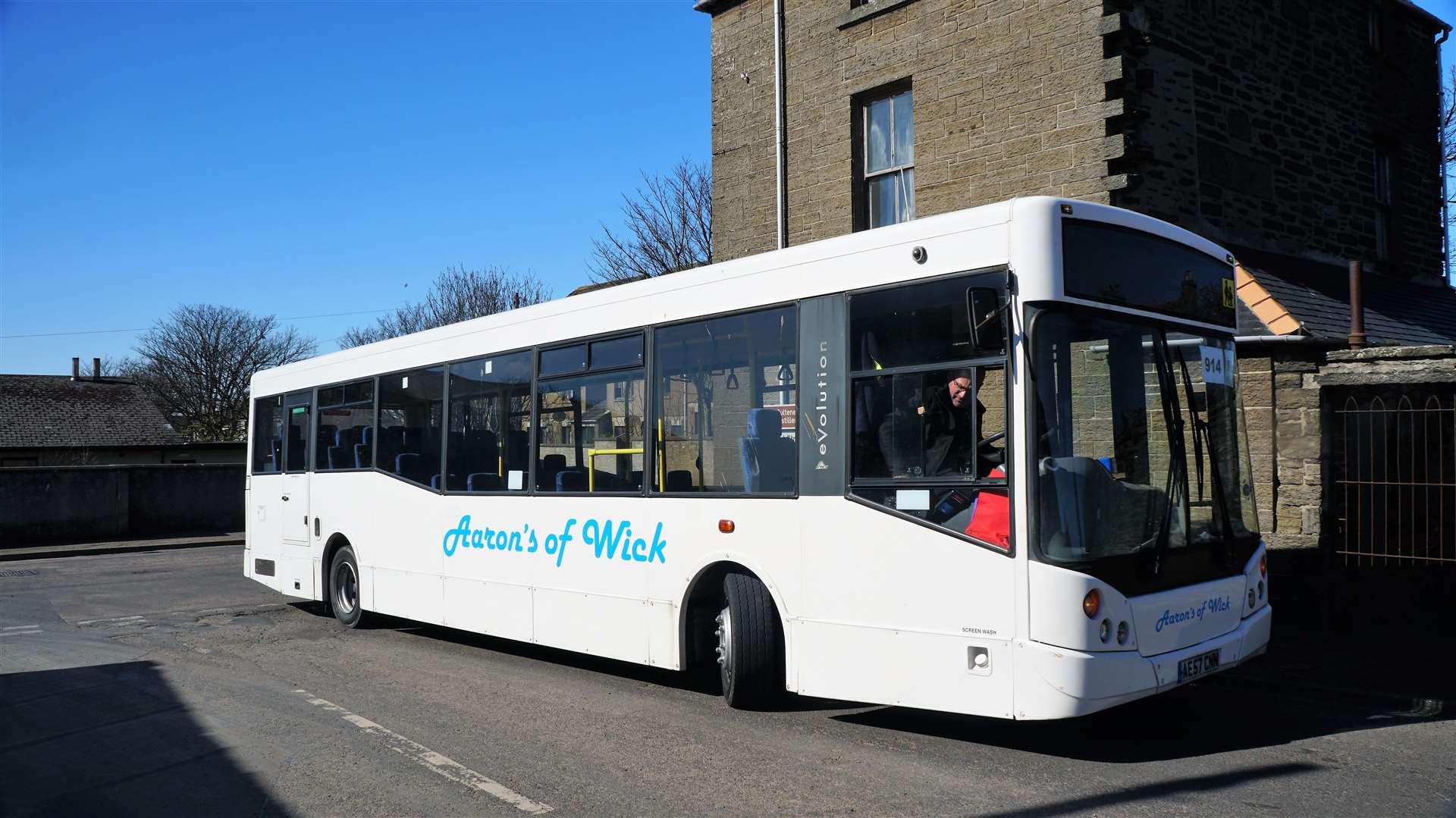 An Aaron's of Wick bus sets off from the depot. The company has a fleet of around 30 buses now. Picture: DGS