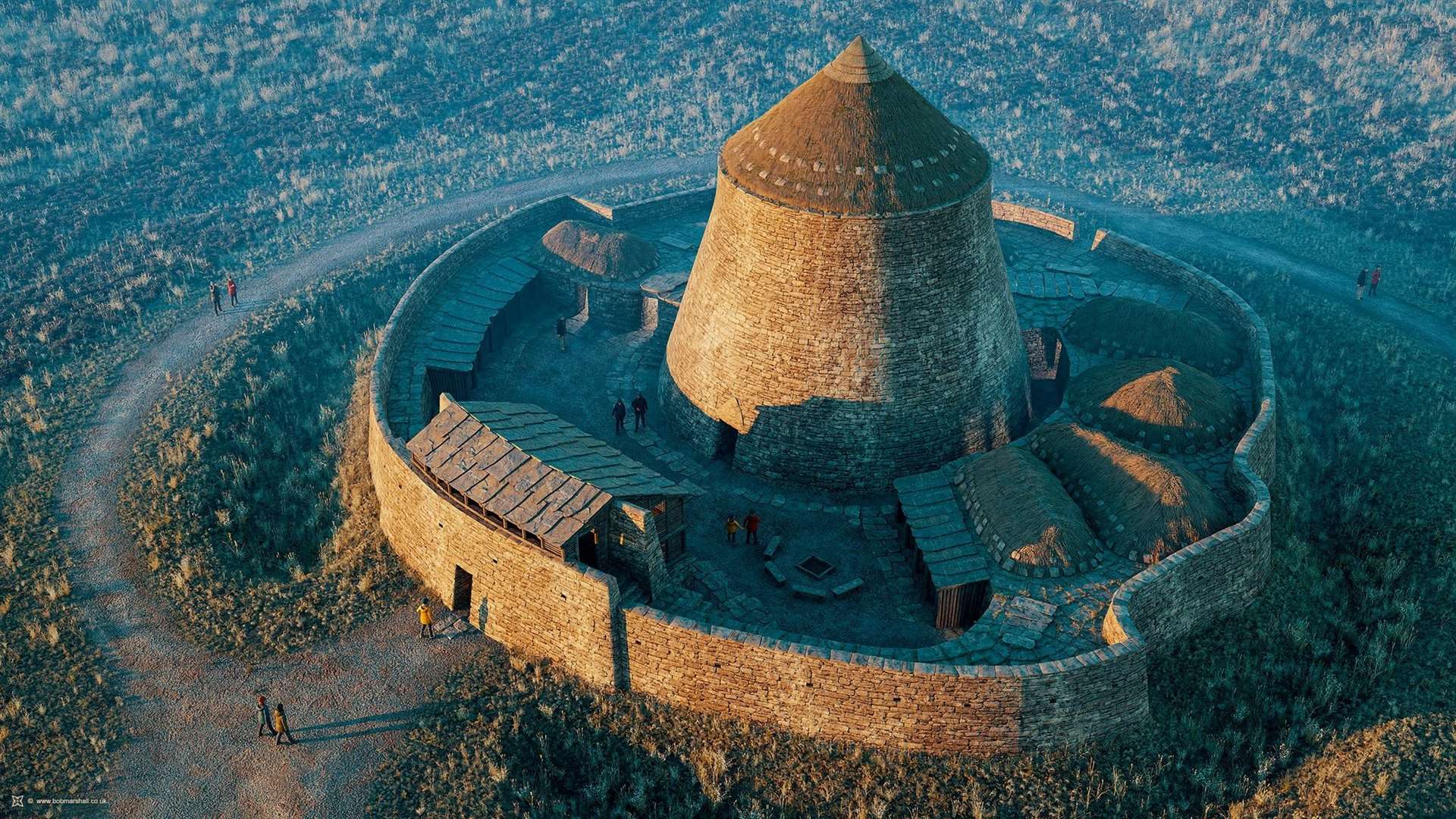 A digital reconstruction of an Iron Age Broch produced by architectural illustrator Bob Marshall.