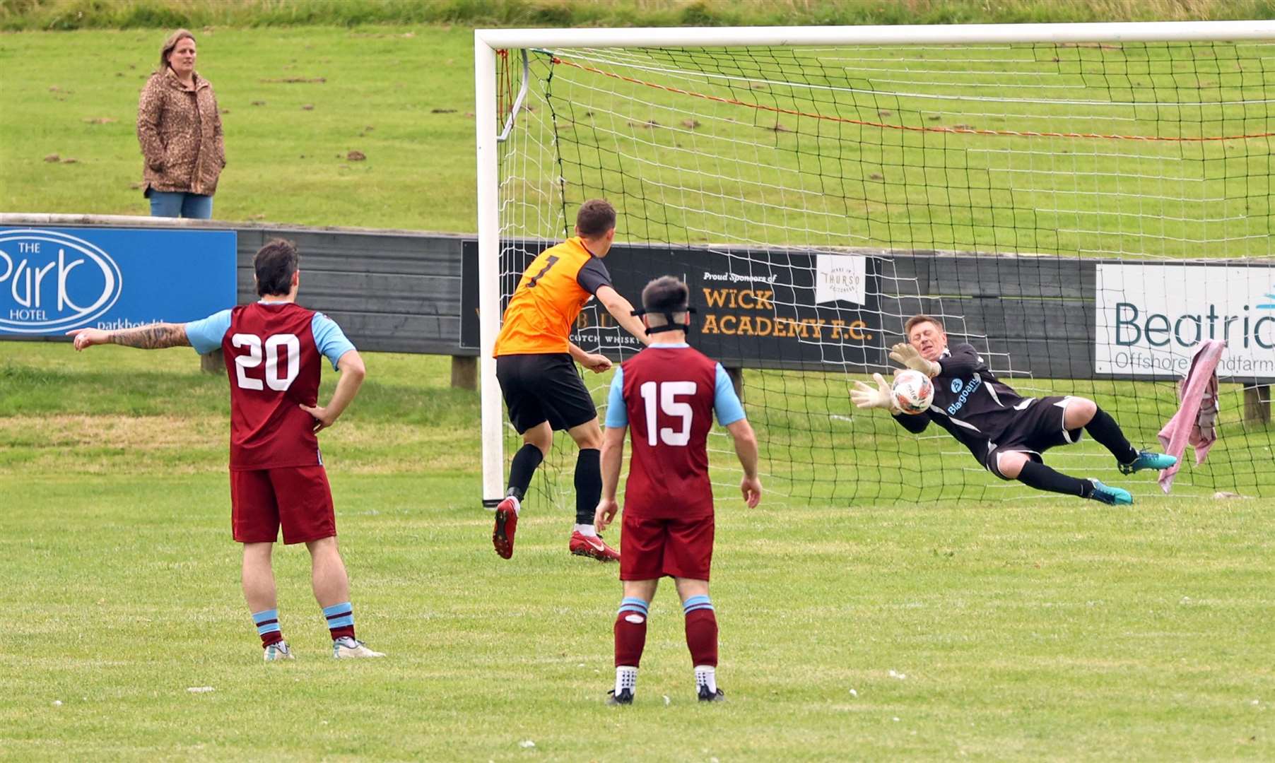 Michael Gray saves James Ross's penalty, with Sam Mackay correctly pointing to the direction it would be hit. Picture: James Gunn