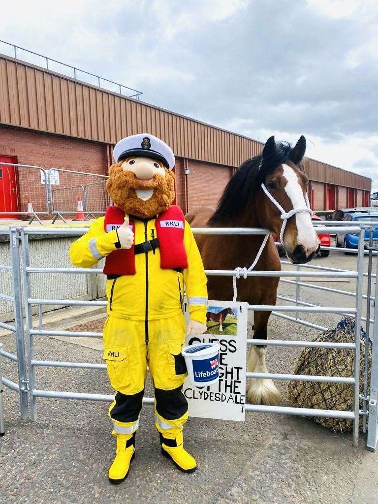 RNLI mascot Stormy Stan with William the Clydesdale horse, who belongs to crewman Michael Munro.