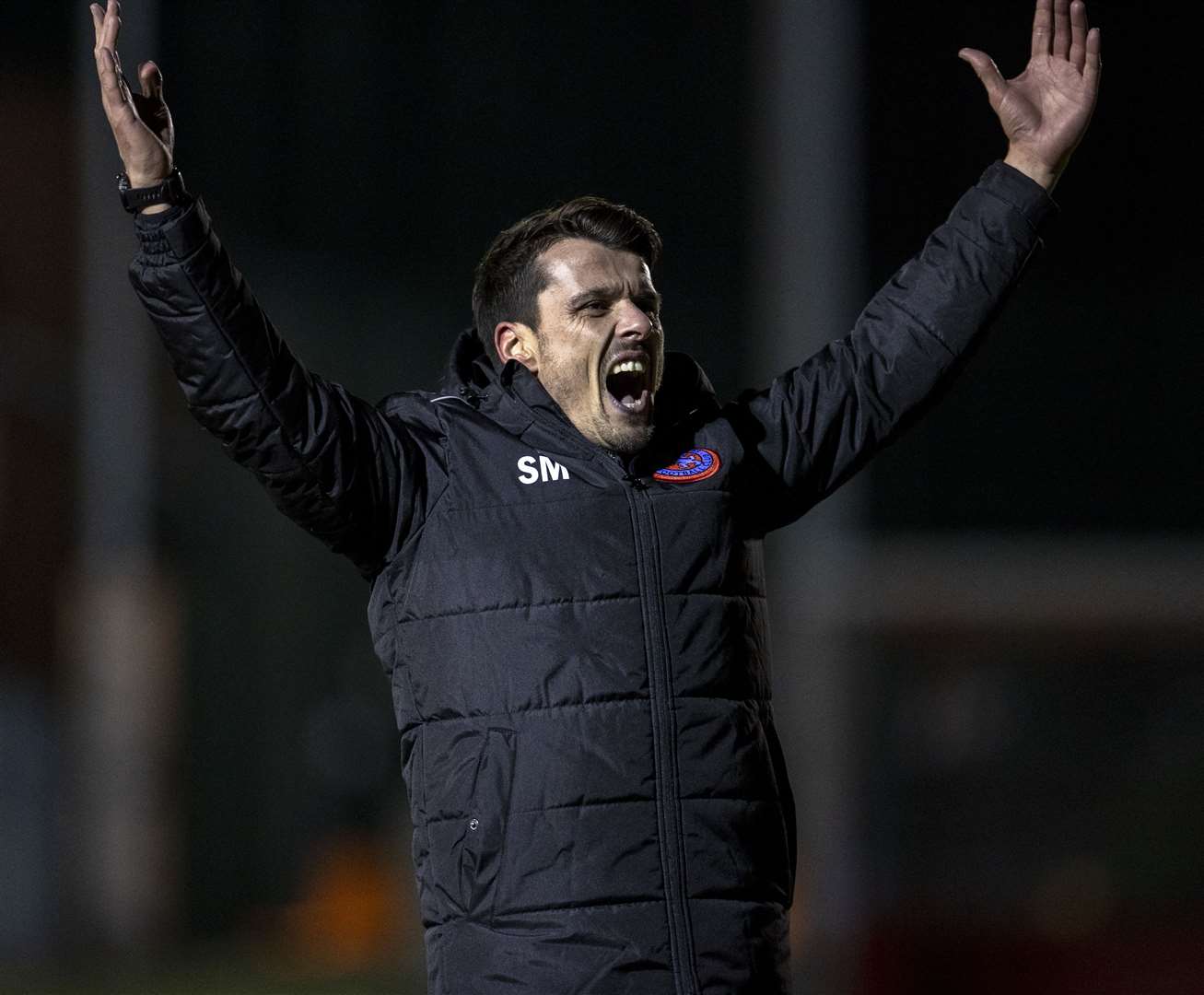 Manager Steven Mackay shows his delight after Brora Rangers' stunning Scottish Cup win against Championship leaders Hearts at Dudgeon Park. Picture: Ken Macpherson
