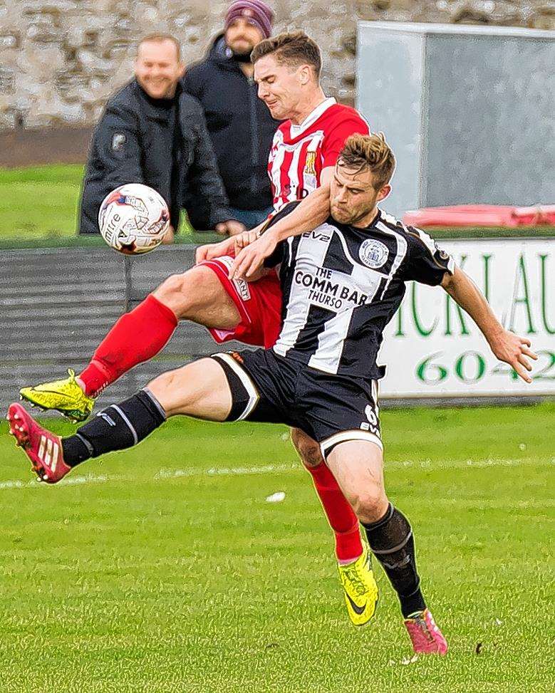Gordon McNab (front) in action against Formartine’s Graeme Rodger in Academy’s 3-2 victory over the north-east side at Harmsworth Park. Picture Mel Roger