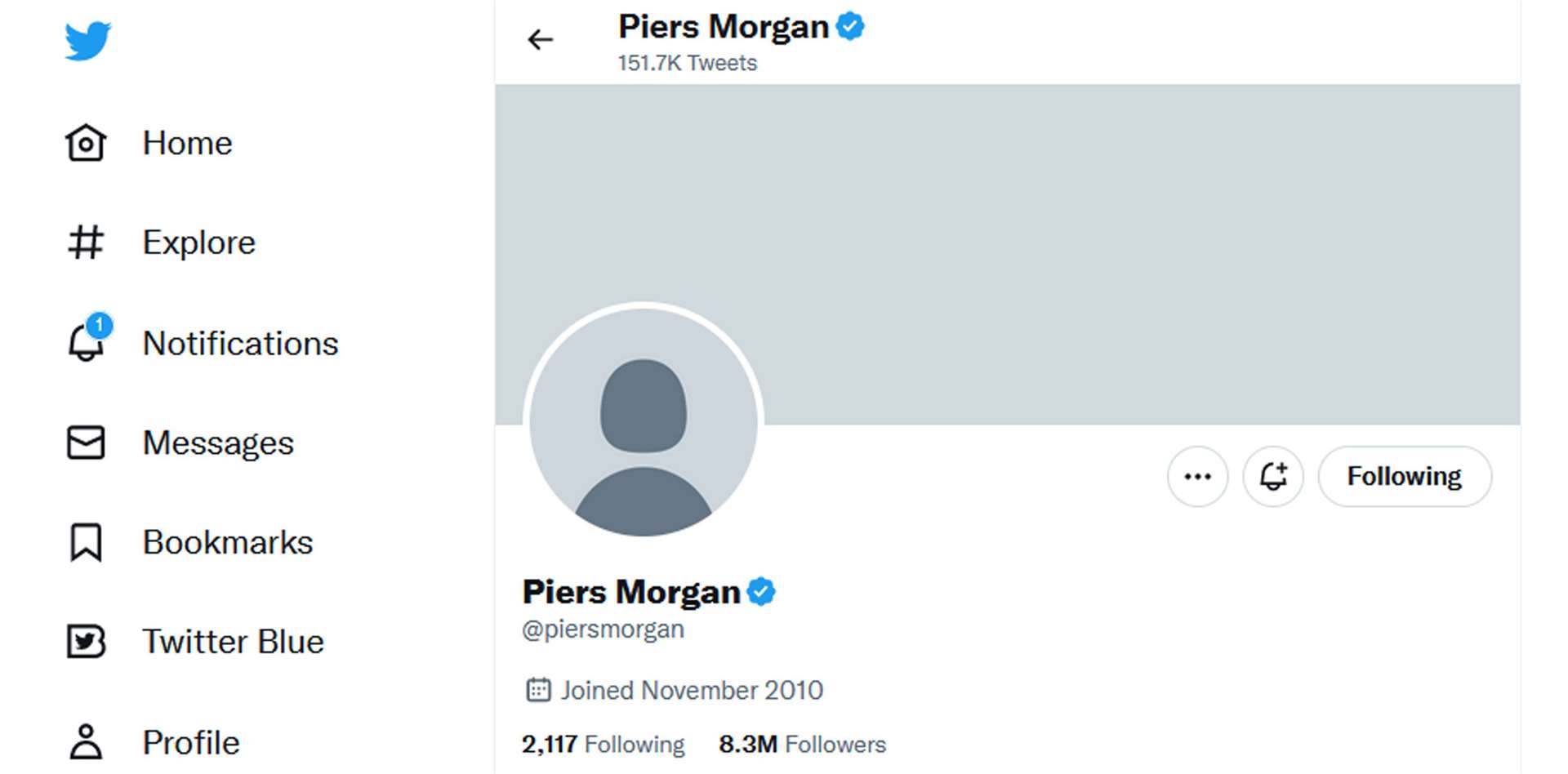 Piers Morgan’s Twitter account on Tuesday after it appeared to have been wiped amid reports it was hacked (Twitter/PA)