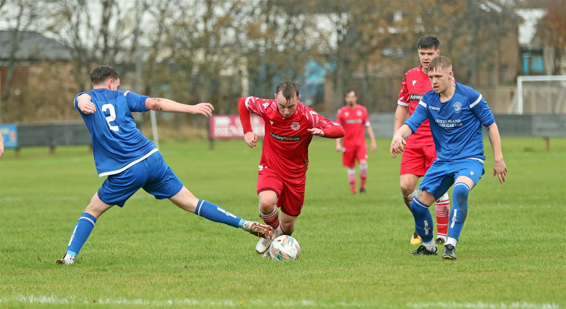 Thurso forward Cameron Montgomery tries to get past Golspie's Danny Doogan at the Dammies on Saturday. Picture: James Gunn