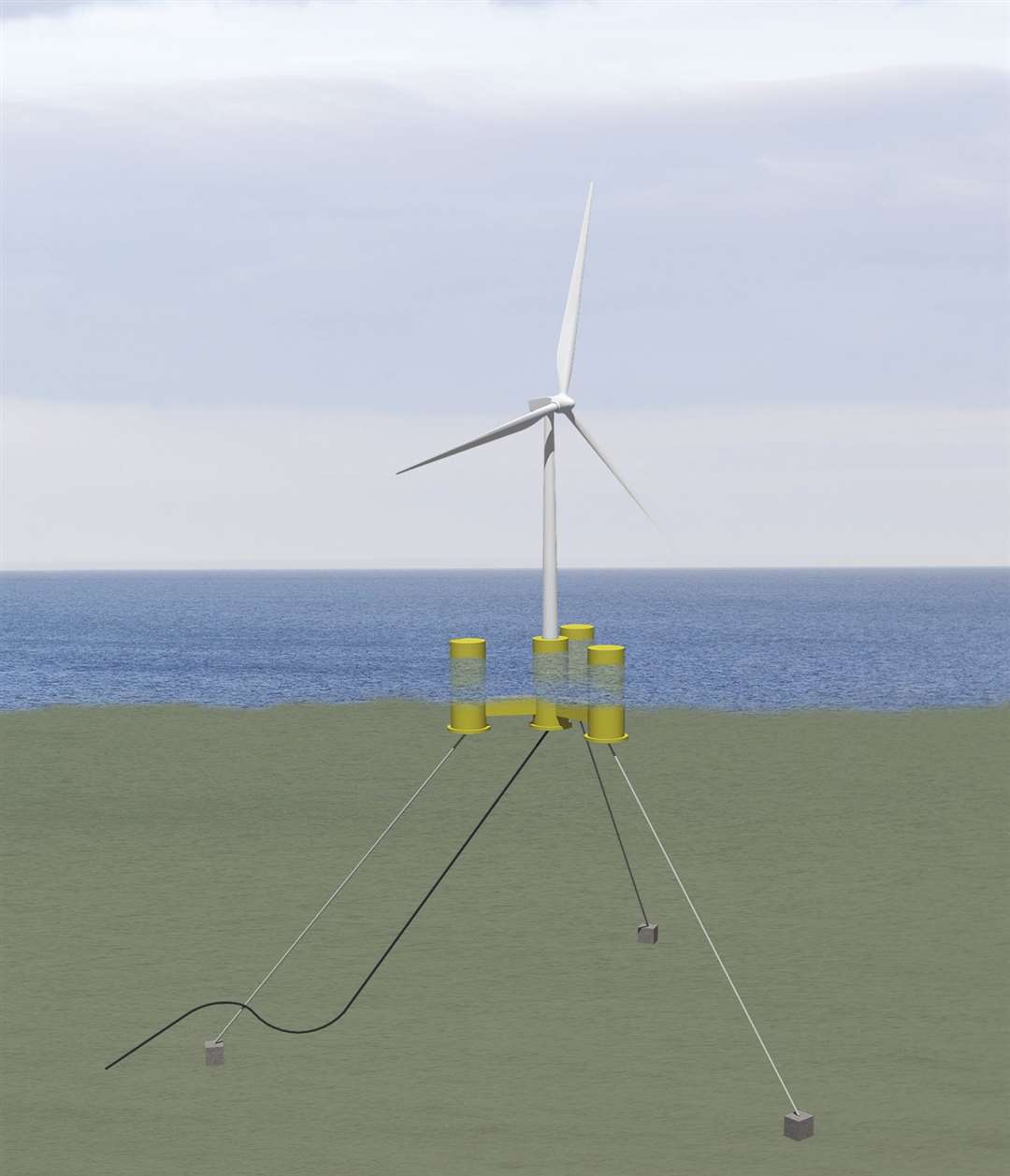 Illustration of a floating turbine and mooring system.