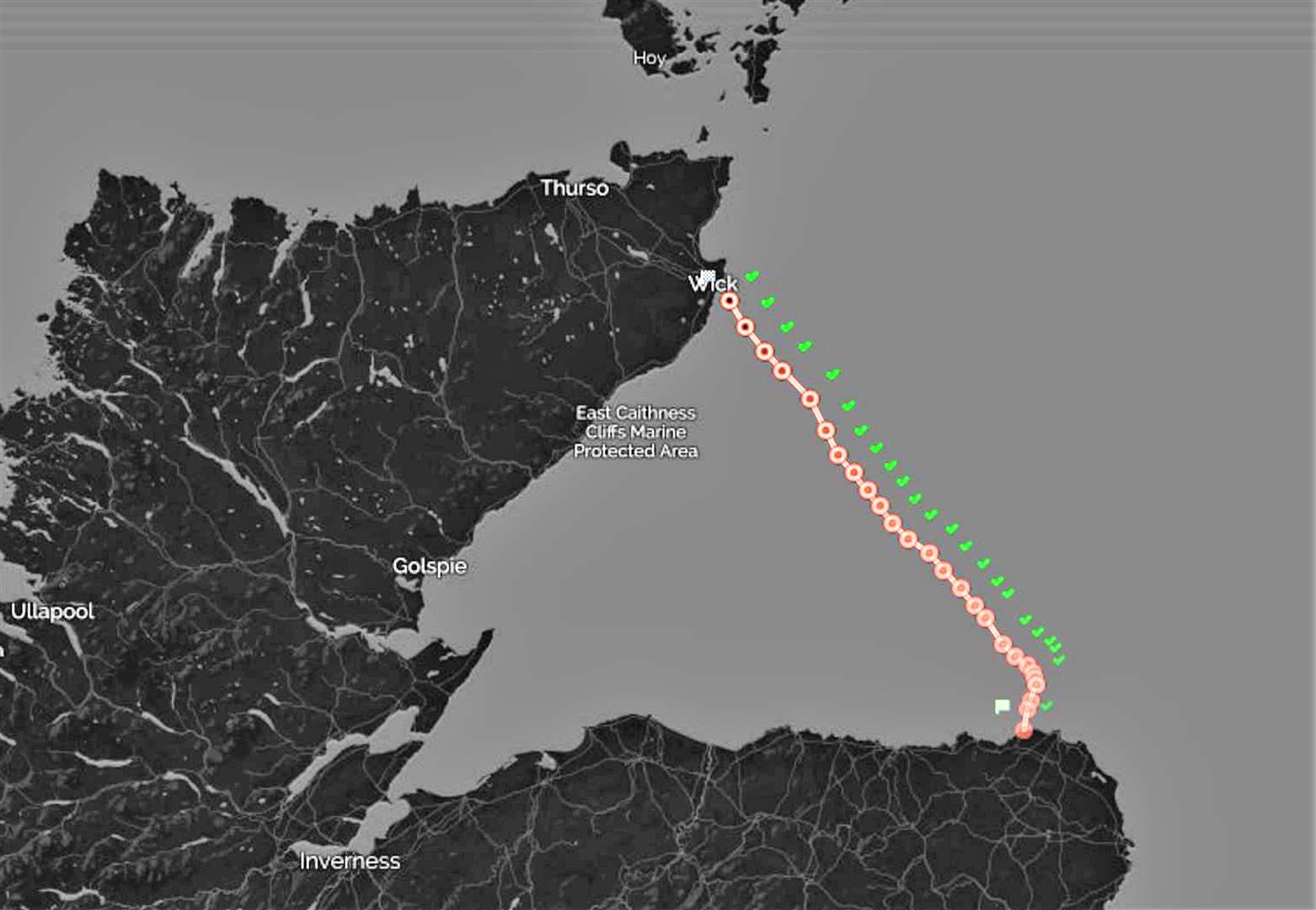 Charlie's journey across the Moray Firth plotted by a tracking device he carried.