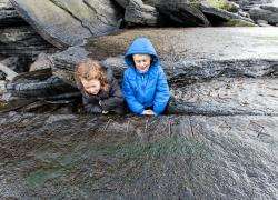 Hannah Richard (5) and Ewan Begg (7) study one of the sets of runes discovered near Auckengill harbour. Picture: Robert MacDonald / Northern Studios.