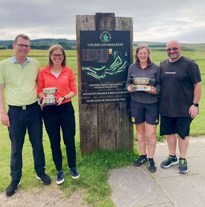 Brent and Rebecca Munro (left) and Lynsey and Robert Macleod (right). The Munros won the scratch prize in the Reay Mixed Open, while the Macleods took the handicap prize.