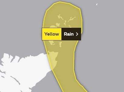 Met office map with rain warning for tomorrow (Saturday).