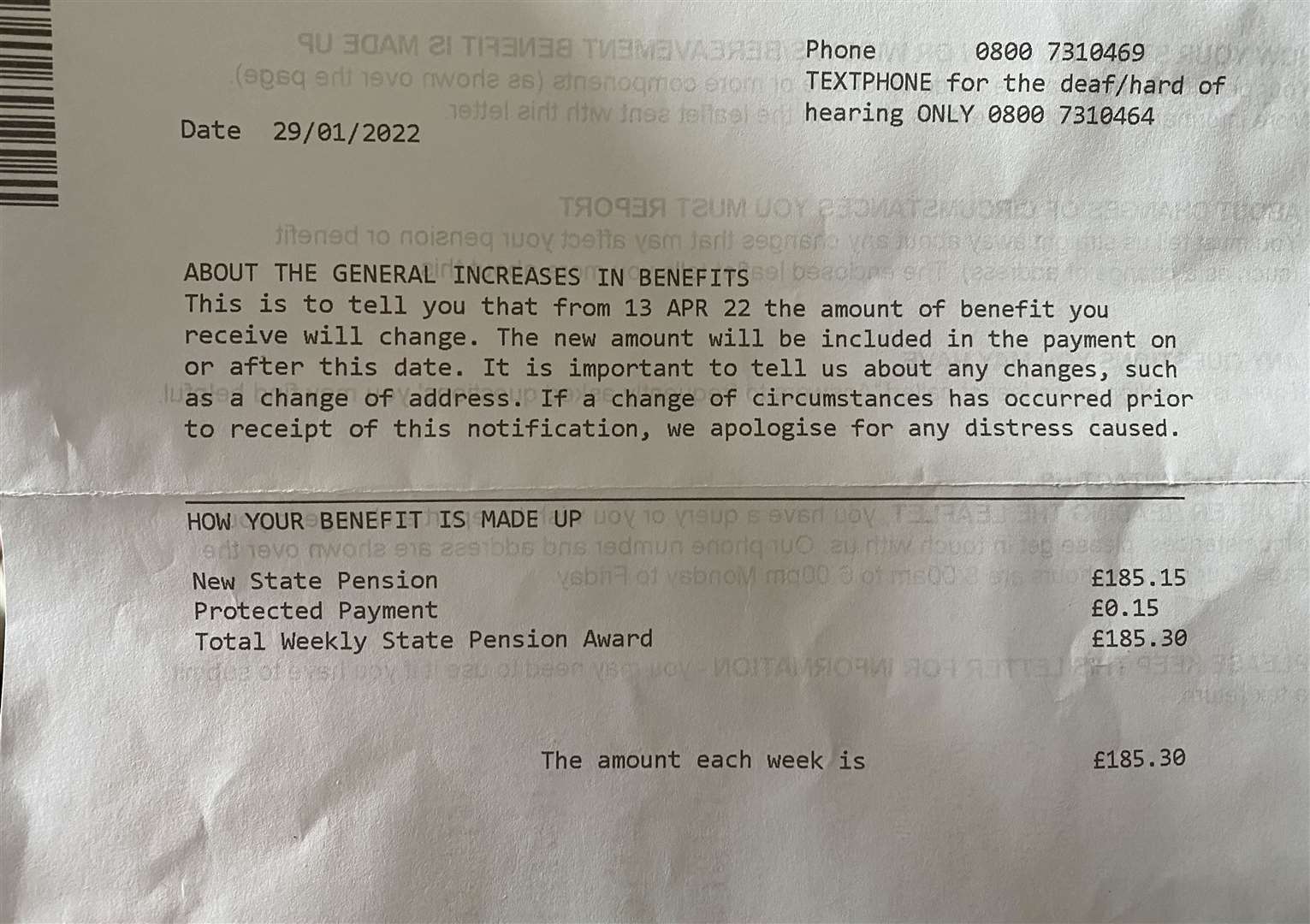 Mr Bodek's letter from the Pension Service.