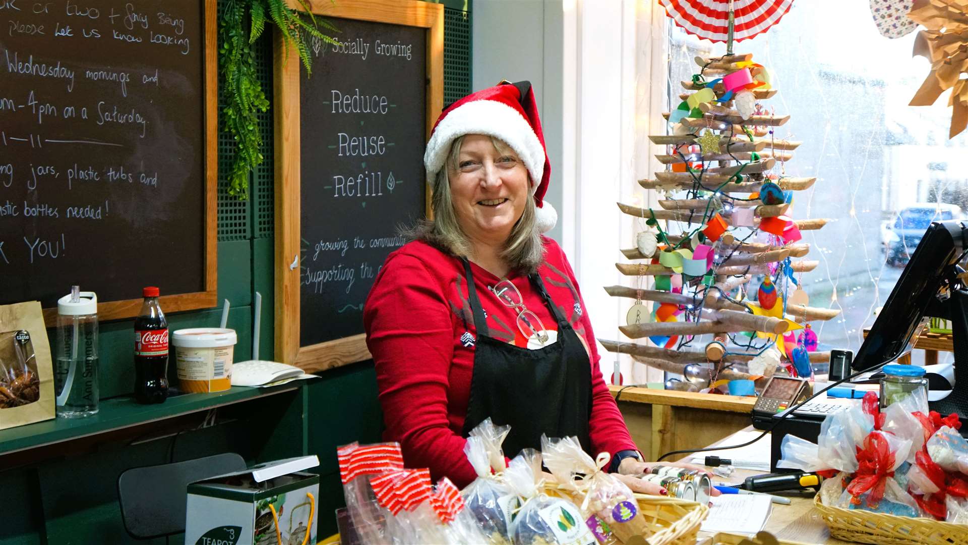 Volunteer Sheena McLachlan in her Santa outfit at the Socially Grows shop on Rotterdam Street. Picture: DGS
