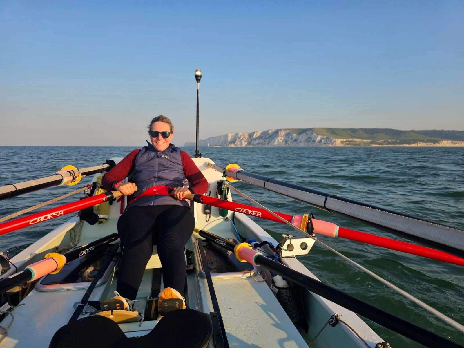 Mhairi at the oars off the south coast of England. Picture: Stormy and Steth