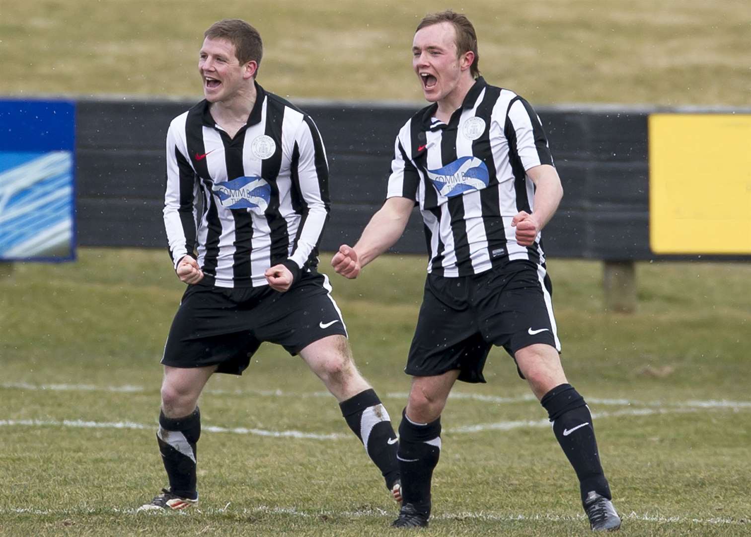 Davie Allan and Richard Macadie show their delight in a 2-1 win against Cove Rangers. Picture: Mel Roger