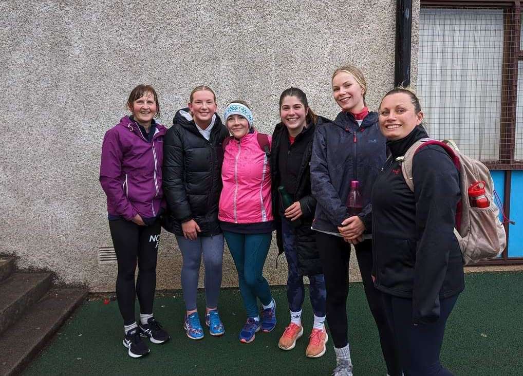 Hannah Perriewood (third from left in pink jacket) outside the games hall in Thurso with fellow members of the netball club.