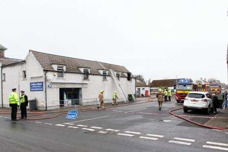 The scene at the village shop in Halkirk where fire started in an upstairs office.