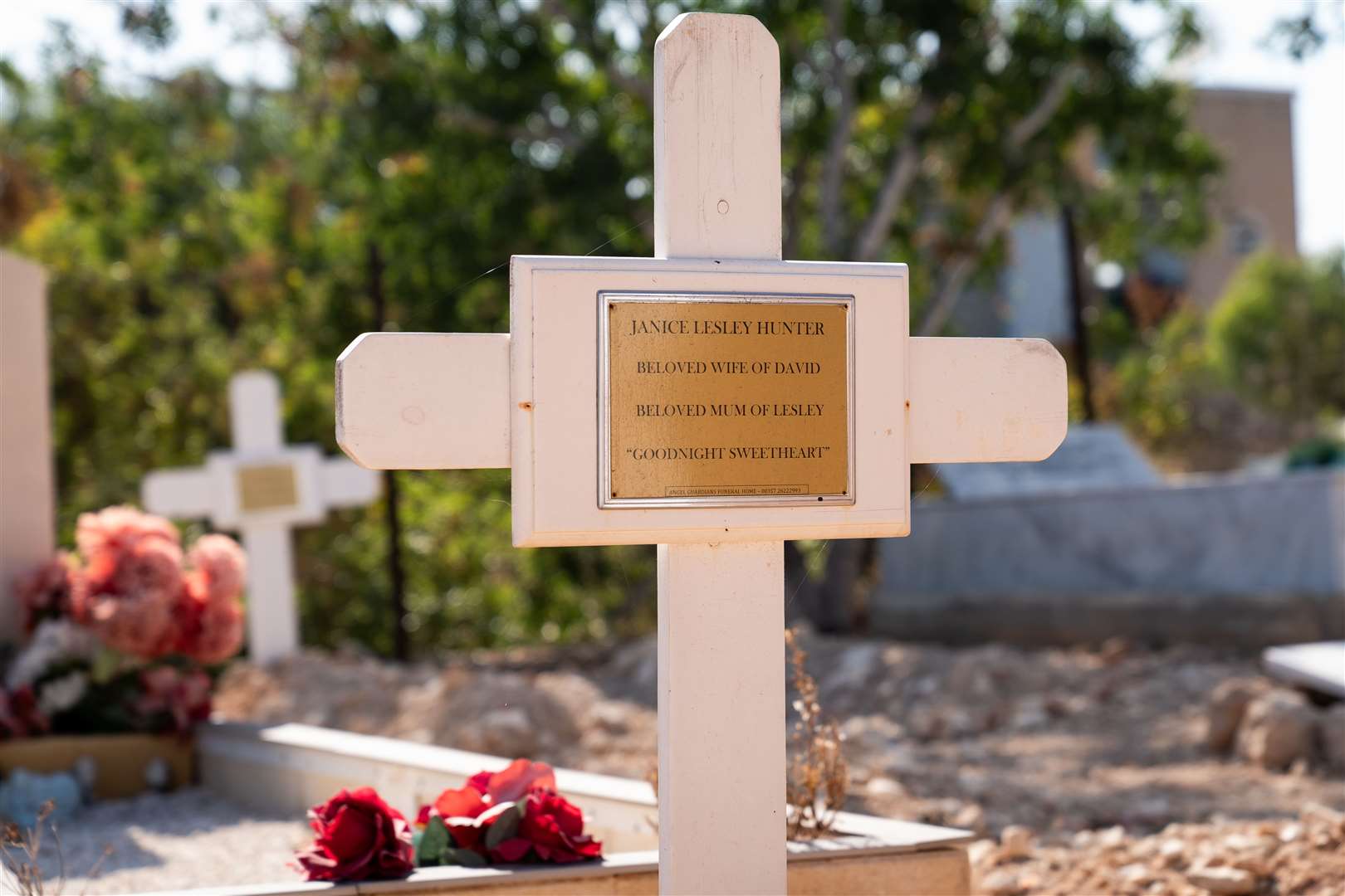 Janice Hunter’s grave in a cemetery near the home she and her husband David bought in Paphos, Cyprus (Aaron Chown/PA)