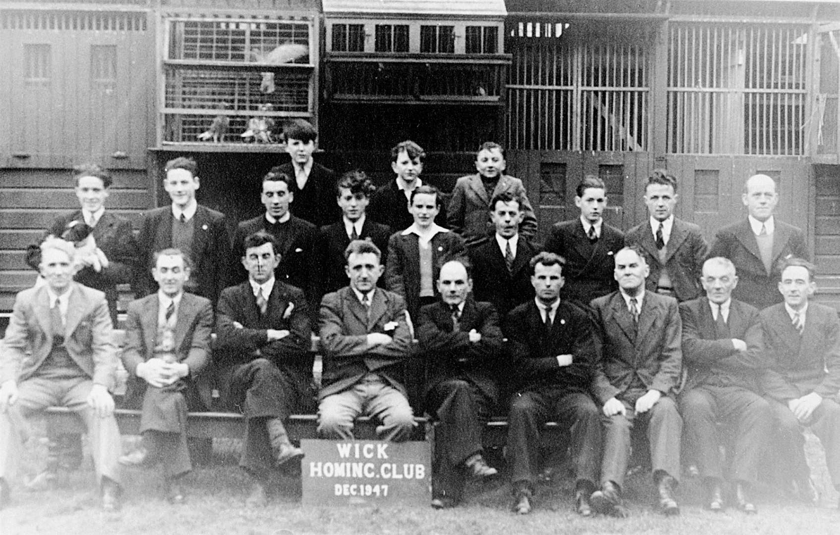 Pigeon racing enthusiasts from Wick Homing Club pictured in front of Wulldag Miller’s loft in 1947.