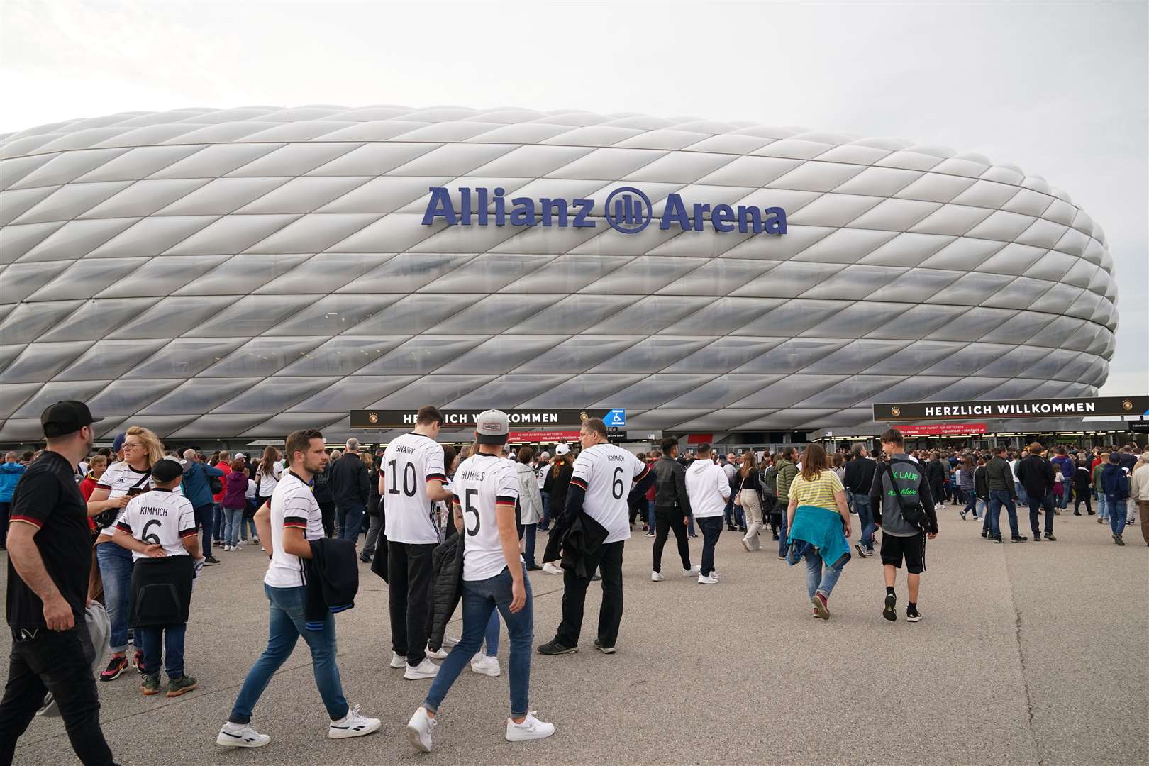Football fans arriving at the Allianz Arena in Munich for the Germany v England game (Yui Mok/PA)