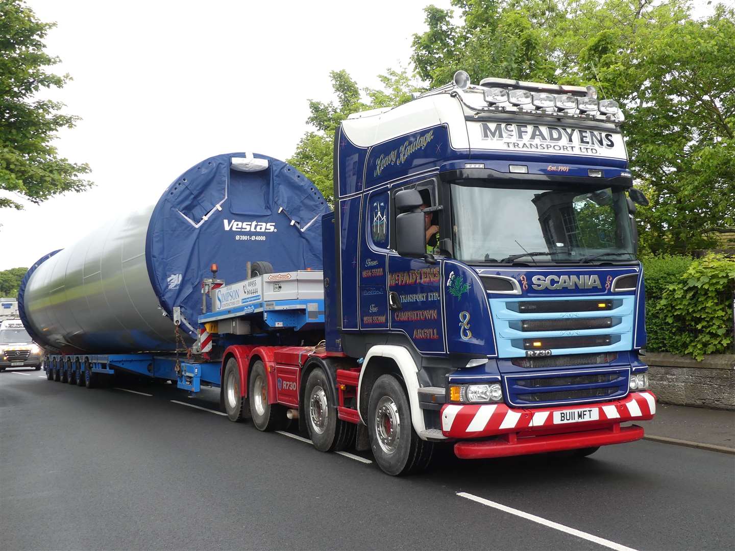 One of the turbine parts being transported through Wick this week. Picture: Peter Sutherland, Golspie