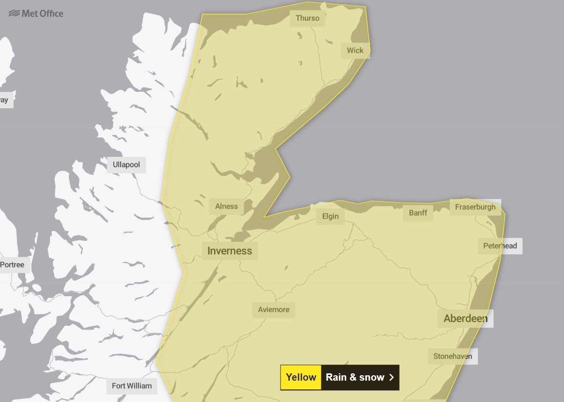 The Met Office yellow warning for rain and snow takes effect on Tuesday. Photo: Met Office